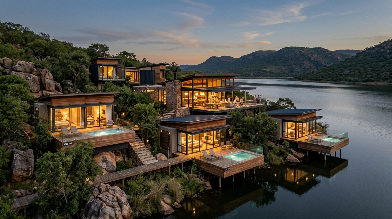 Akwande luxury chalets and lodges perched on rock shoreline