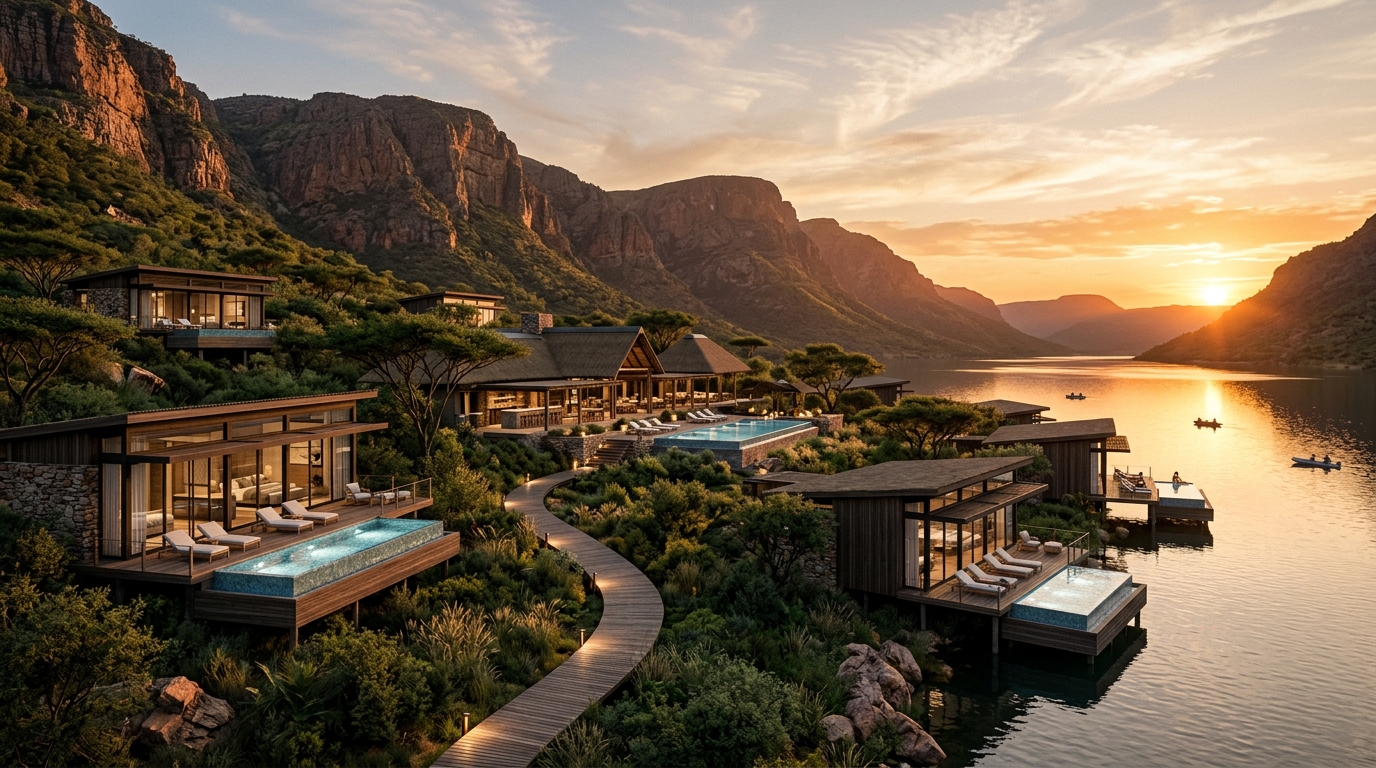 Akwande Waterfront Resort on Loskop Dam at golden hour